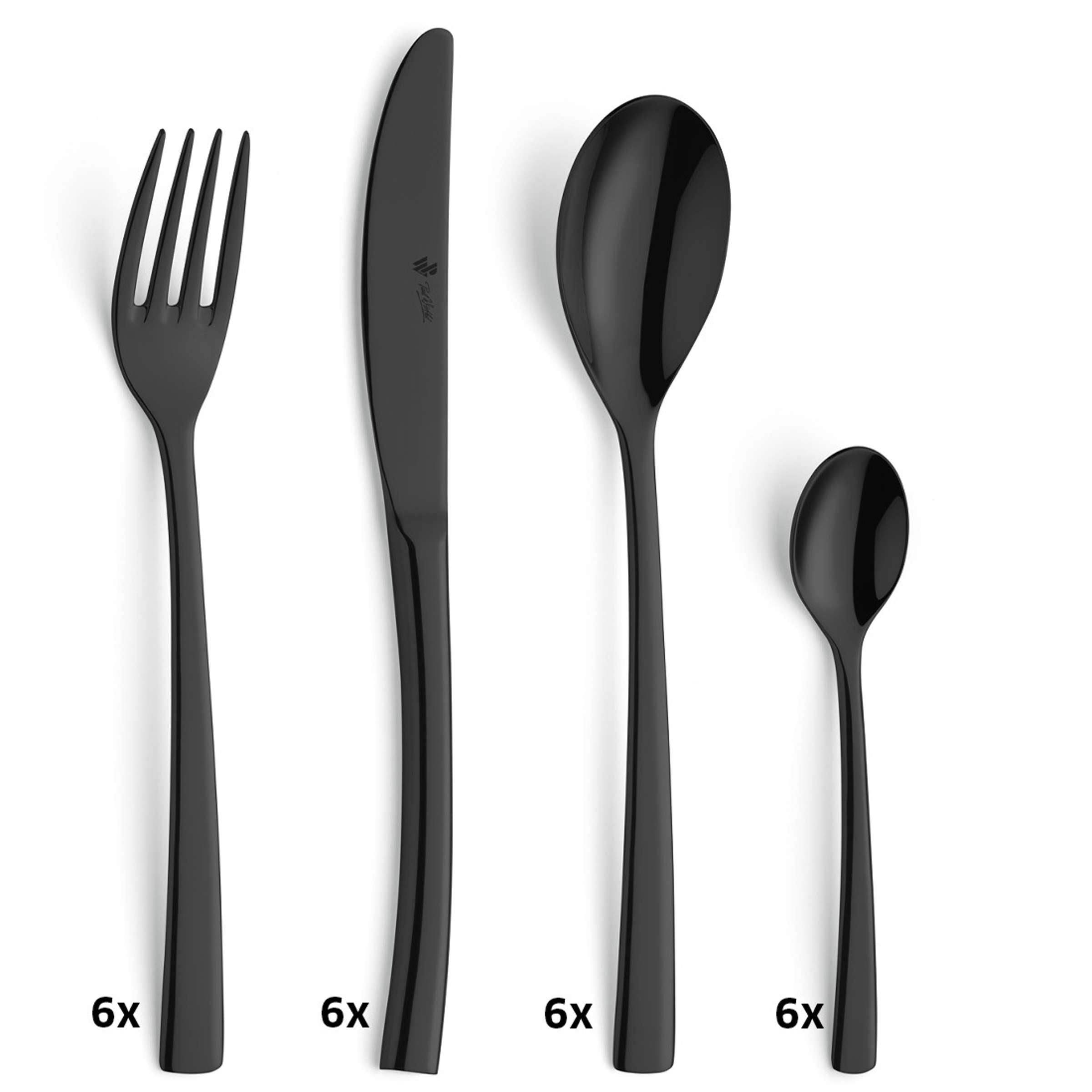 Schwarzes SWING Besteckset 24-teilig von Paul Wirths mit PVD-Beschichtung, Messer, Gabeln und Löffel auf weißem Hintergrund