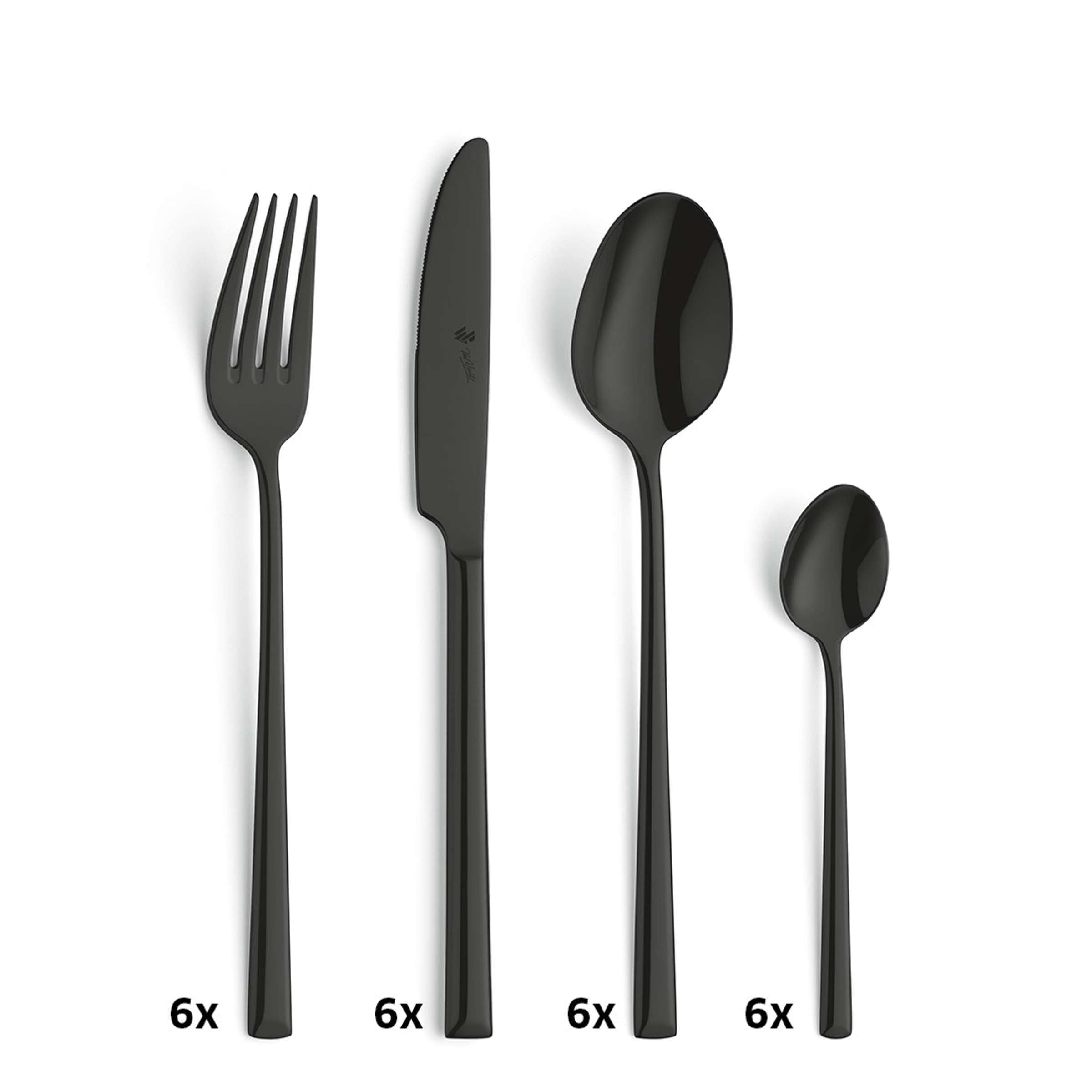 VIVENDI Besteckset 24-teilig von Paul Wirths, schwarzes PVD-Beschichtung, Messer, Gabeln, Löffel aus Edelstahl auf weißem Hintergrund