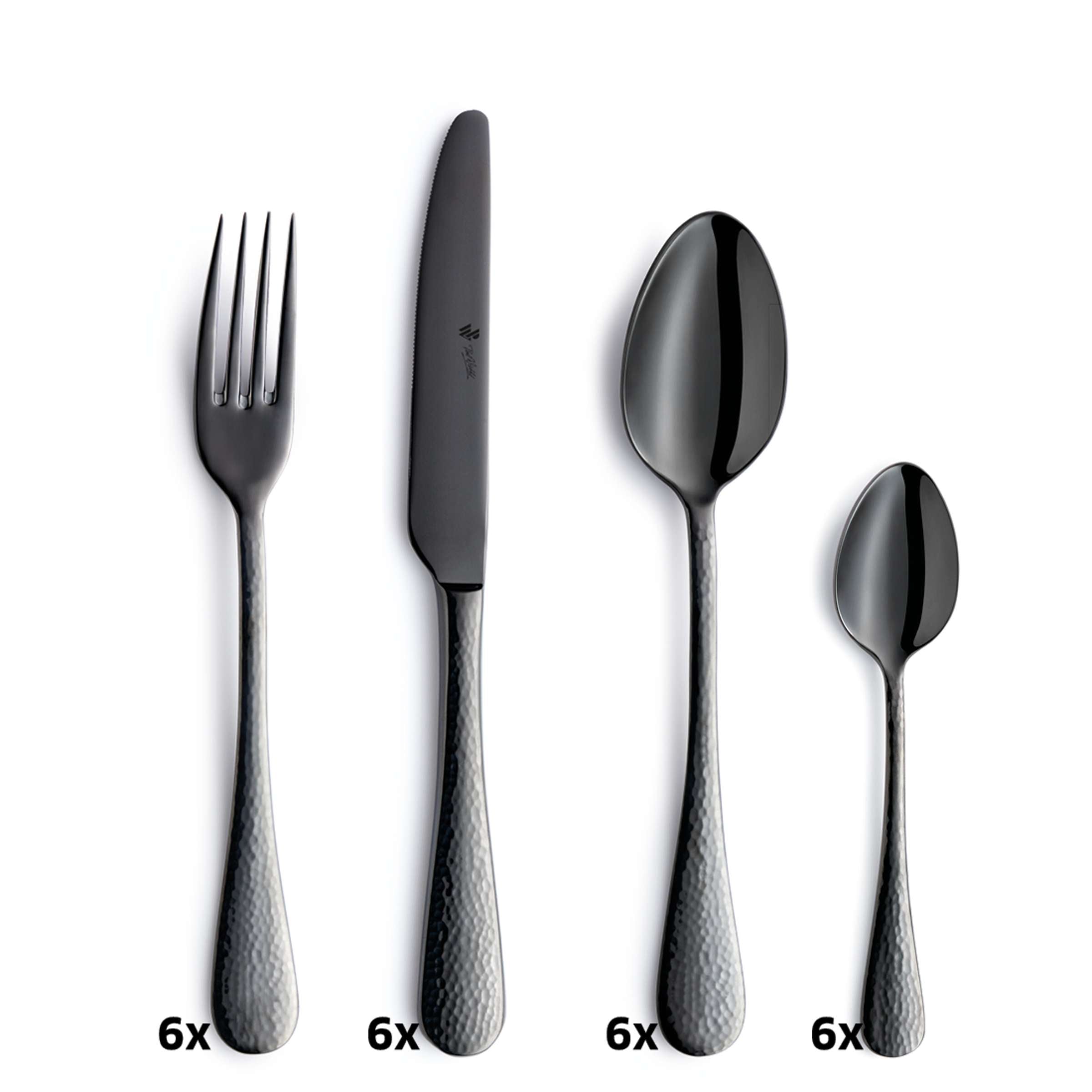 Schwarzes 24-teiliges Besteckset von Paul Wirths aus Edelstahl, PVD-beschichtet, mit Messer, Gabel, Löffel und Teelöffeln.