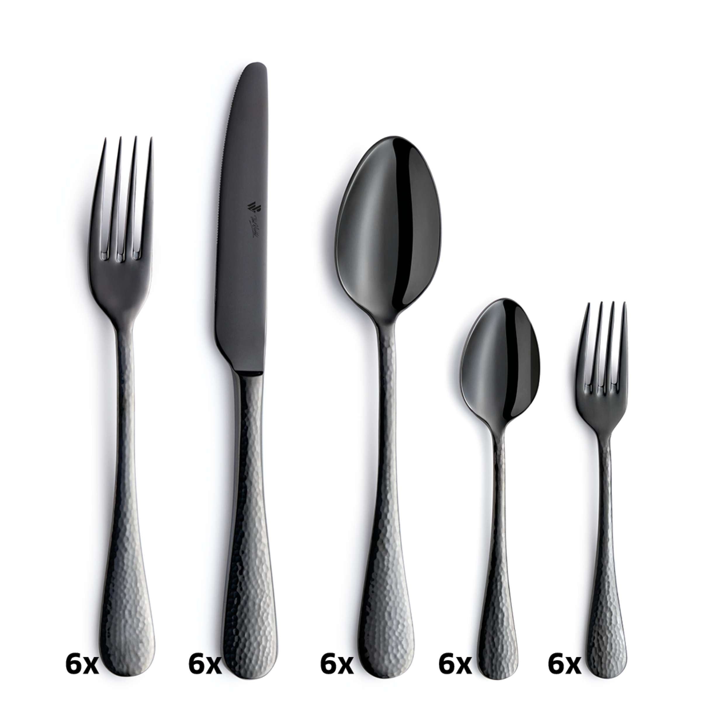 Schwarz lackiertes Besteckset von Paul Wirths, 30-teilig, besteht aus Messer, Gabel, Löffel und Küchenhelfern, modernes Design