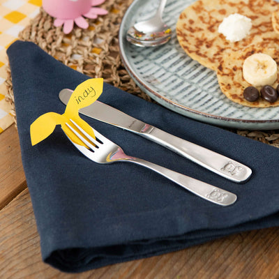 Mattiertes TEDDY Kinderbesteck-Set von Amefa, 3-teilig, mit kindgerechtem Design und bunten Motiven für kleine Essanfänger