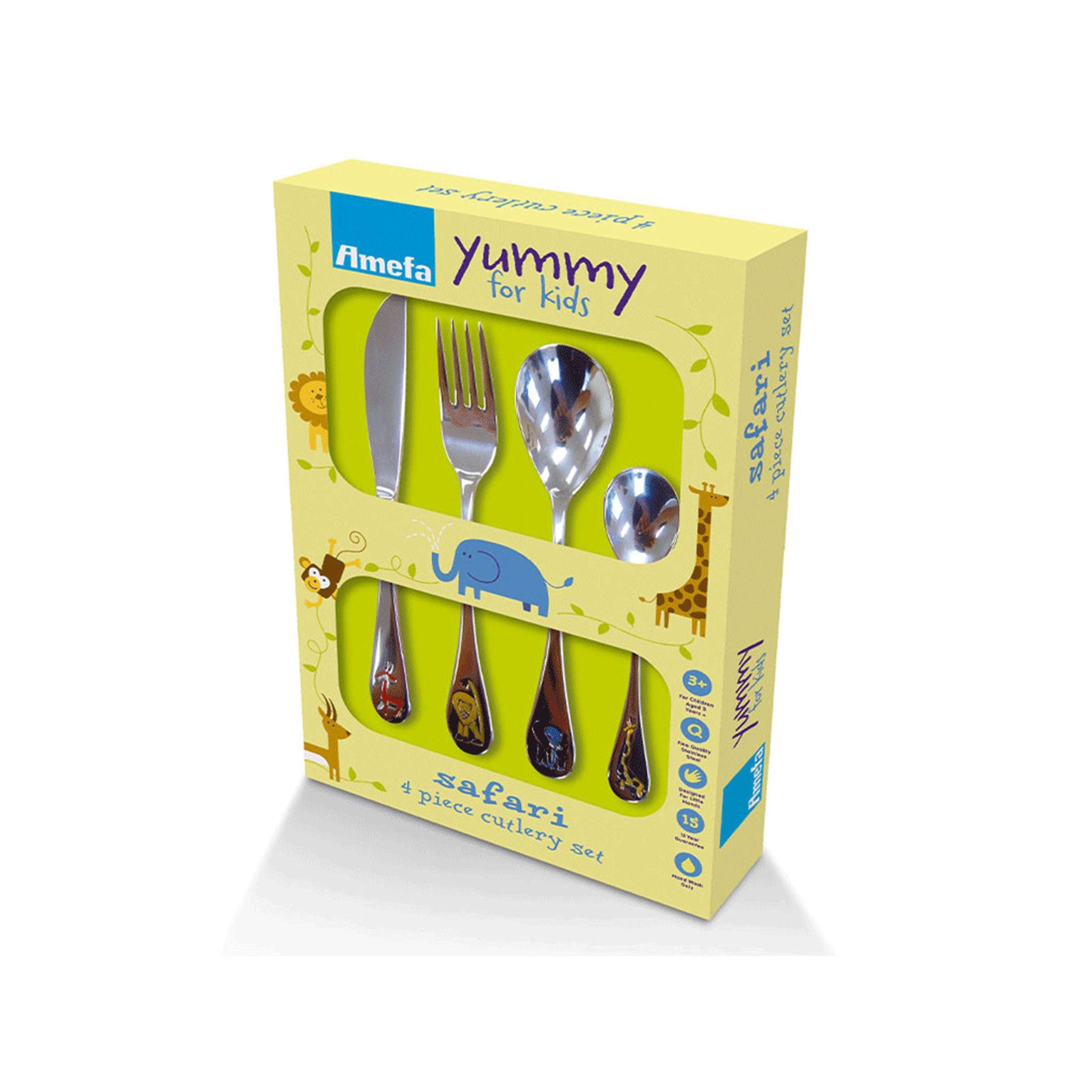 Amefa Safari Kinderbesteck Set, 4-teilig, besteht aus kindgerechtem Messer, Gabel, Löffel und Teelöffel, buntes Design für Kinder
