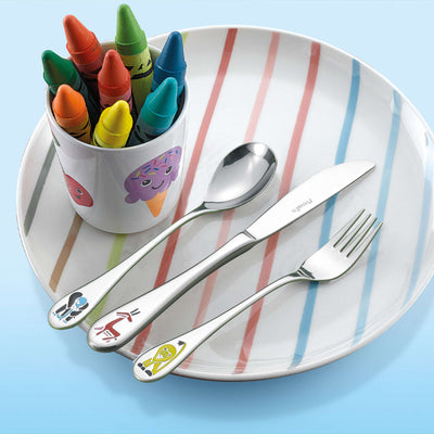 Amefa Safari Kinderbesteck Set, 4-teilig, inklusive Messer, Gabel, Löffel und Teelöffel, buntes Kindergeschirr für kleine Hände