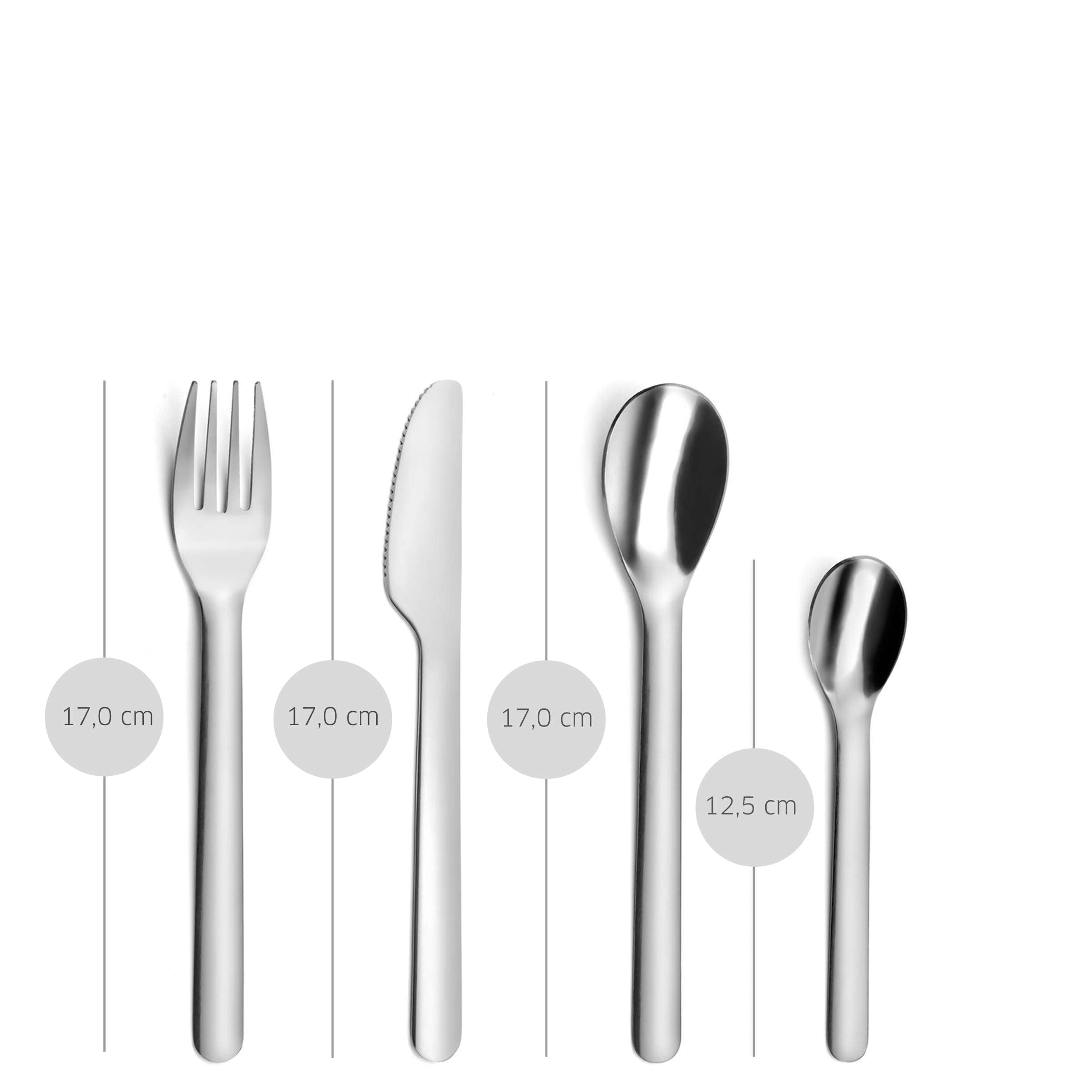 Amefa MOBIL' Besteckset, 4-teilig, bestehend aus Messer, Gabel, Löffel und Teelöffel, aus Edelstahl auf weißem Hintergrund