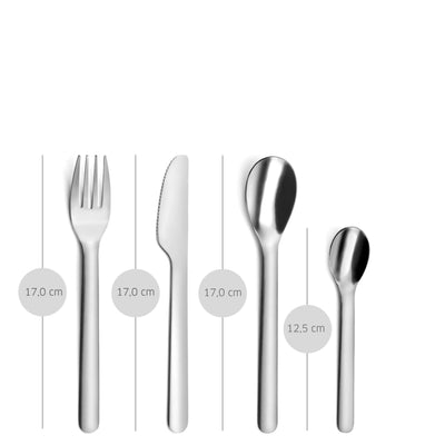 Amefa MOBIL' Besteckset, 4-teilig, bestehend aus Messer, Gabel, Löffel und Teelöffel, aus Edelstahl auf weißem Hintergrund