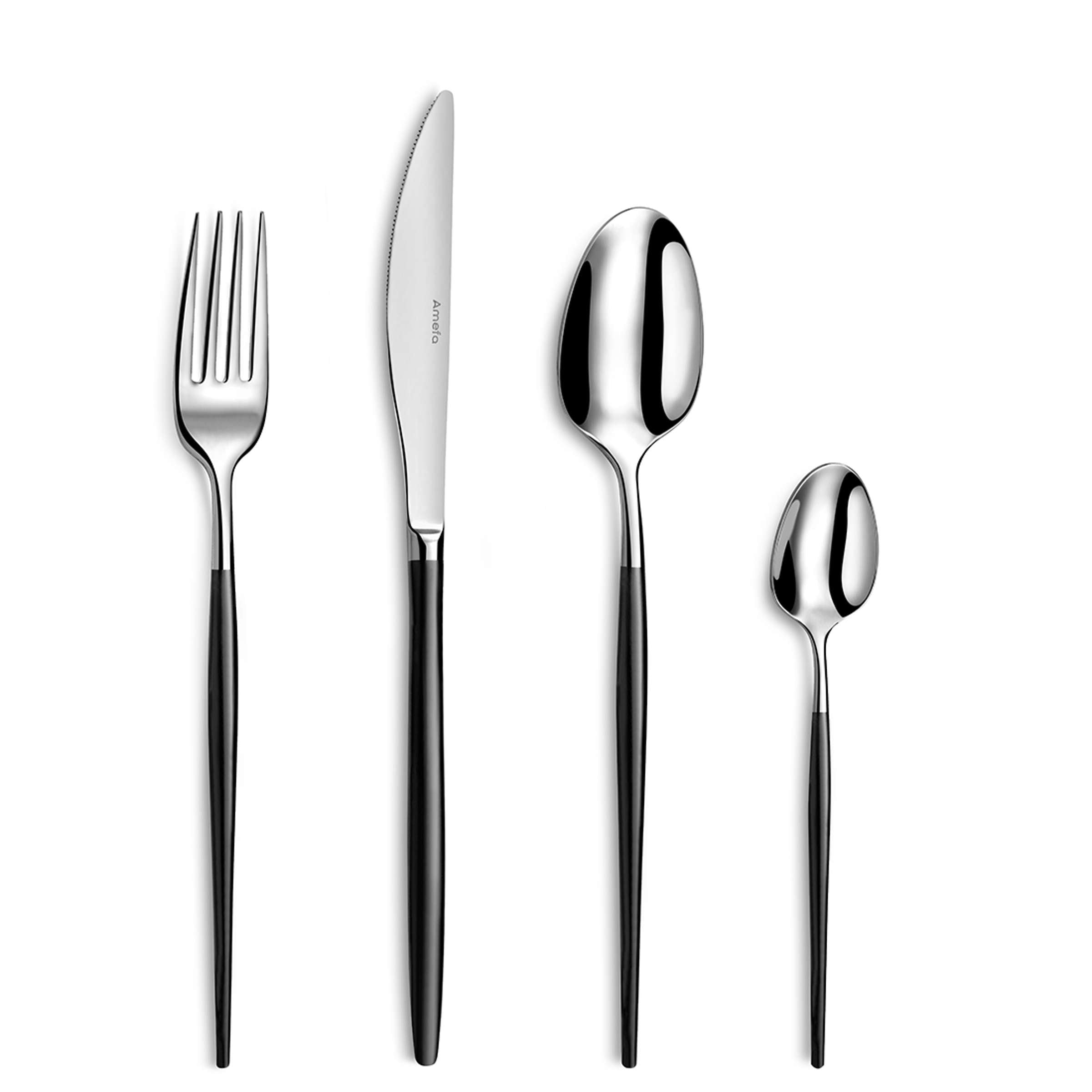 Schwarzes SOPRANO Besteckset 24-teilig von Amefa, elegantes Edelstahlbesteck mit PVD-Beschichtung, auf weißem Hintergrund.