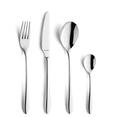 Amefa CUBA Besteckset 24-teilig mit Messer, Gabel, Löffel aus Edelstahl auf weißem Hintergrund.