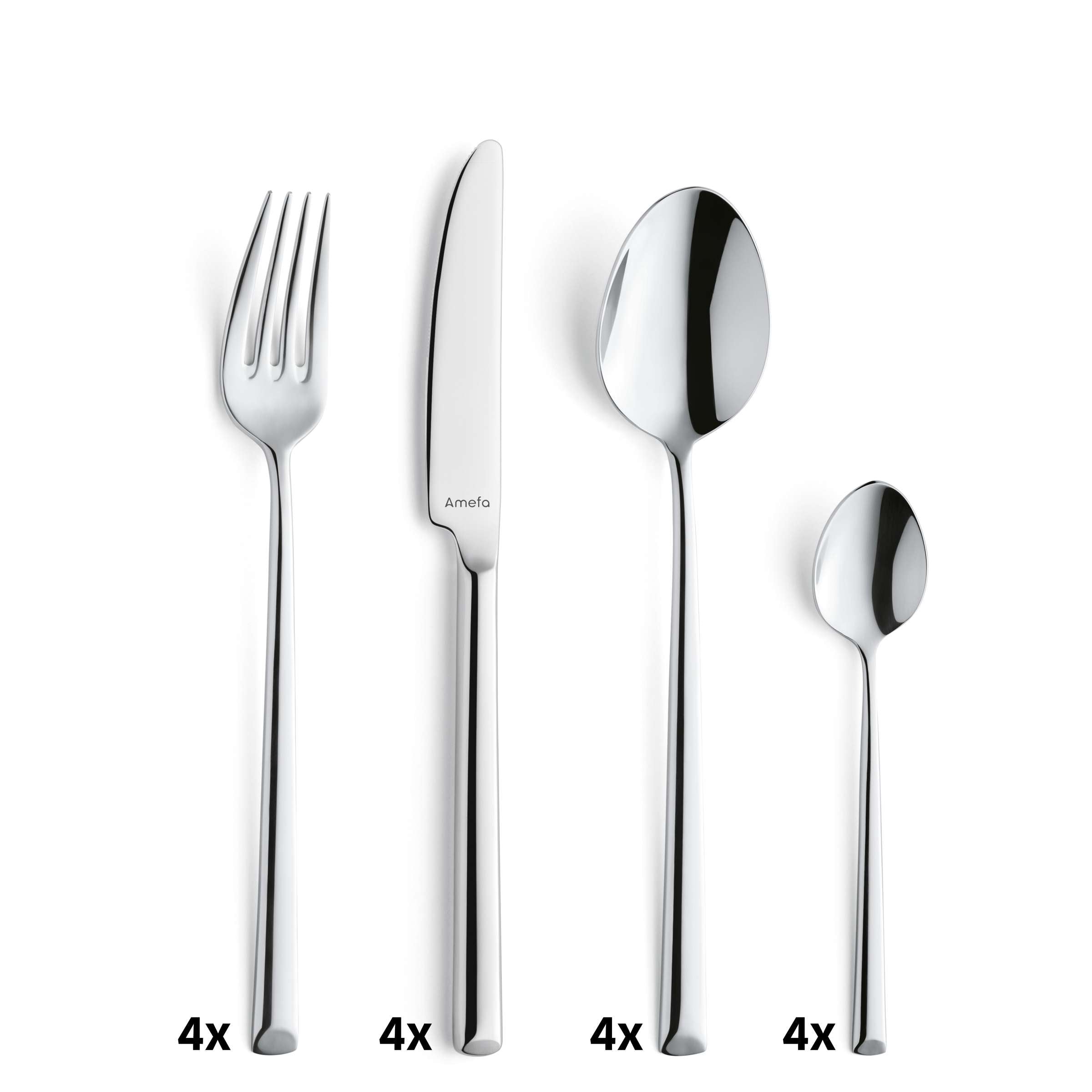 Amefa METROPOLE Besteckset, 16-teilig, besteht aus Messer, Gabel, Löffel und Kaffeelöffel in elegantem Design.