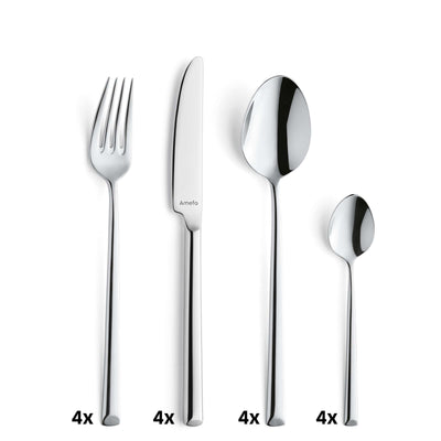 Amefa METROPOLE Besteckset, 16-teilig, besteht aus Messer, Gabel, Löffel und Kaffeelöffel in elegantem Design.
