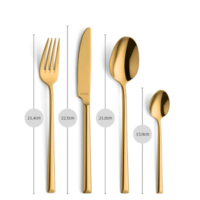 24-teiliges METROPOLE Besteckset von Amefa mit goldener PVD-Beschichtung, zeigt Messer, Gabeln, Löffel auf weißem Hintergrund