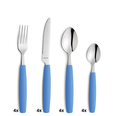 Helles blaues 16-teiliges Amefa VALOA Besteckset mit Messer, Gabel, Löffel und Teelöffel, sorgfältig auf einem Tisch arrangiert