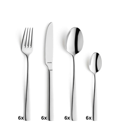 MARTIN Besteckset 24-teilig von Amefa, Edelstahl, Messer, Gabeln, Löffel und Teelöffel auf weißem Hintergrund.