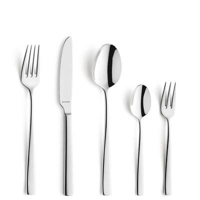 Elegantes 30-teiliges Amefa Besteckset mit Messer, Gabel, Löffel und Teelöffel auf weißem Hintergrund.