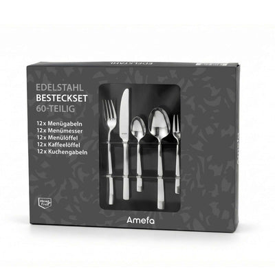 Amefa FRESH Besteckset, 60-teilig, zeigt Messer, Gabeln, Löffel aus Edelstahl in Verpackung.