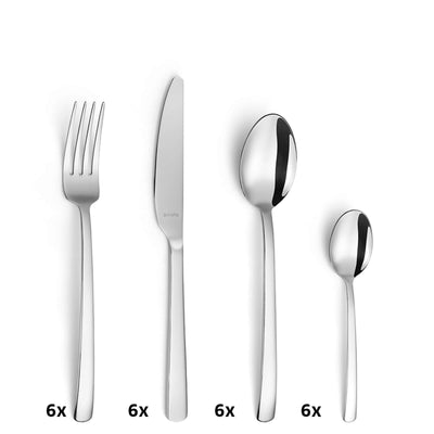 Amefa PONTIS Besteckset, 24-teilig, Edelstahl Besteck mit Messer, Gabel, Löffel und Teelöffel, auf weißem Hintergrund.
