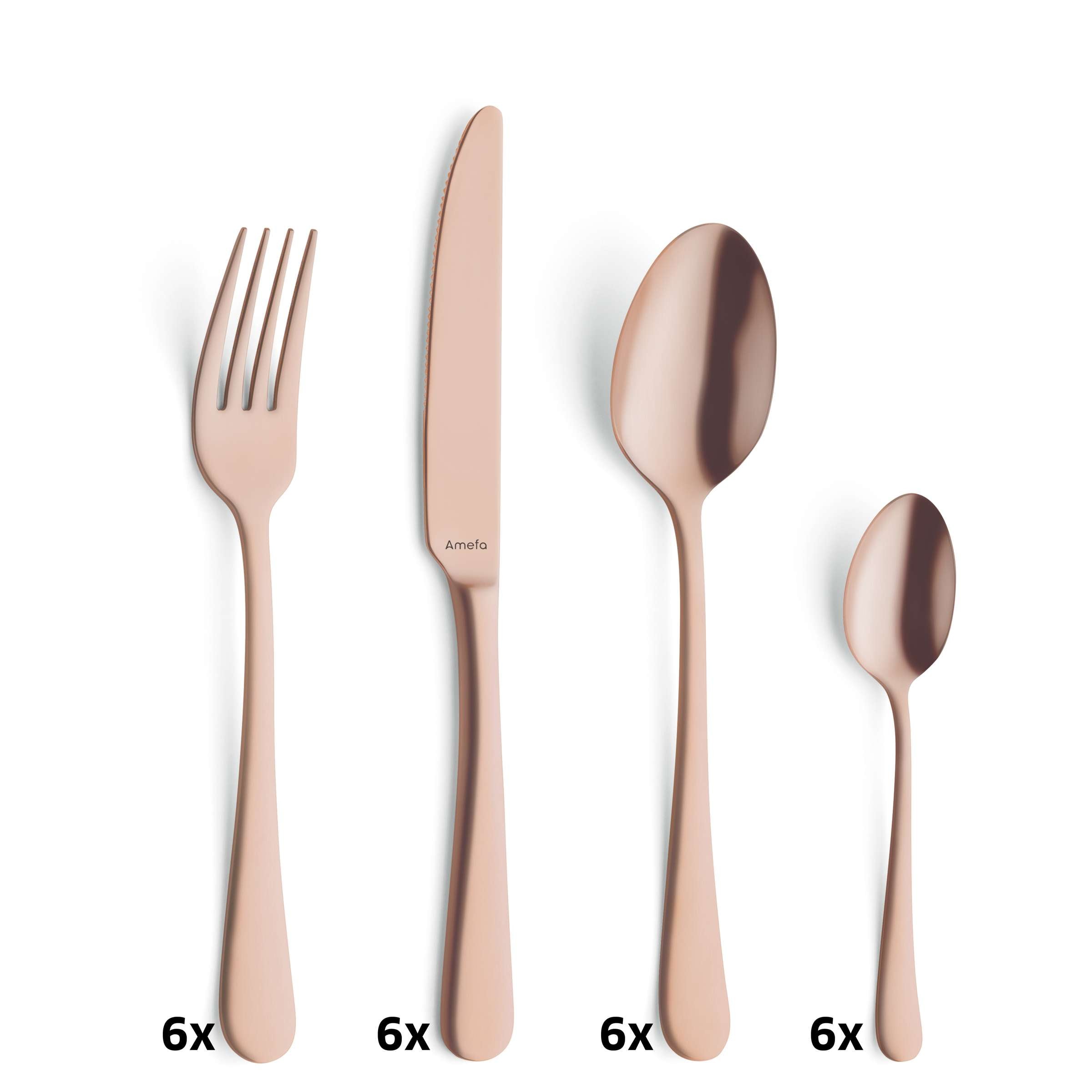 Amefa AUSTIN Besteckset 24-teilig, PVD kupfer mattiert, mit Messer, Gabel, Löffel und Teelöffel, auf weißem Hintergrund