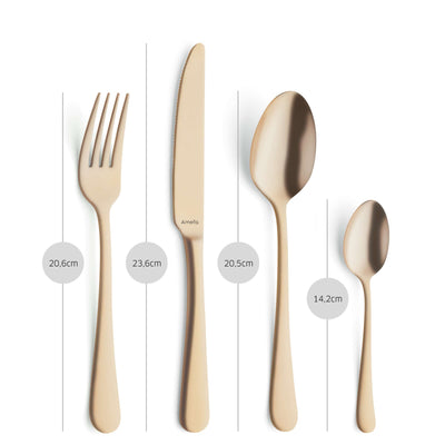 Amefa AUSTIN Besteckset 32-teilig, mattiertes PVD-Gold, Edelstahl, elegantes Besteck für Mahlzeiten, auf weißem Hintergrund.