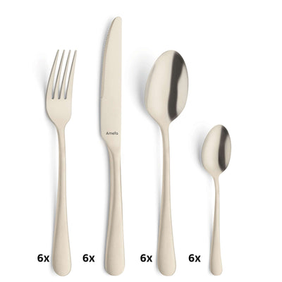 Amefa Besteckset 24-teilig, PVD champagner mattiert, Edelstahl, Messer, Gabeln, Löffel, elegantes Cutlery Set, hochwertiges Besteck