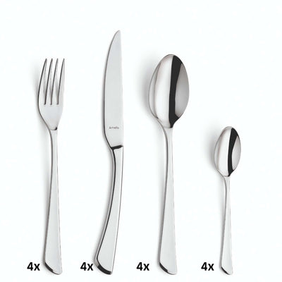 Amefa JUNO Besteckset 16-teilig mit Messer, Gabel, Löffel aus Edelstahl, elegant und modern gestaltet auf weißem Hintergrund