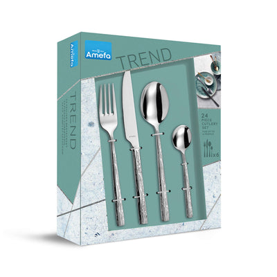 Amefa Calligraphy Besteckset 24-teilig mit Messer, Gabel, Löffel aus Edelstahl, elegant und hochwertig, für den Tischgebrauch