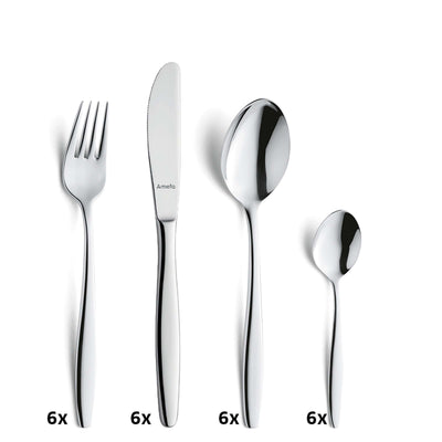 Amefa Florence Besteckset 24-teilig mit Messer, Gabel, Löffel aus Edelstahl, elegant gestaltet für den täglichen Gebrauch