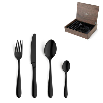 Schwarzes 24-teiliges Besteckset von Amefa in PVD-Beschichtung, mit Messer, Gabel, Löffel und Teelöffel, auf weißem Hintergrund.