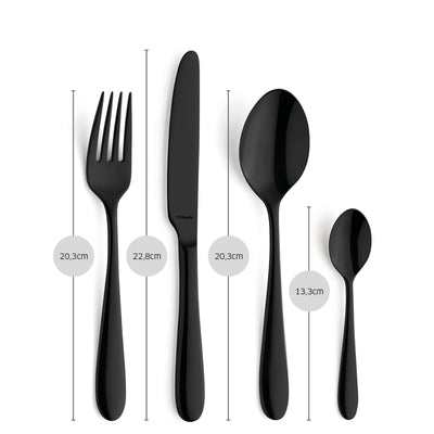 Schwarzes 24-teiliges Amefa OXFORD Besteckset aus Edelstahl mit PVD-Beschichtung, Messer, Gabeln, Löffel auf weißem Hintergrund
