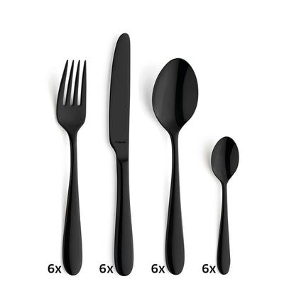 Schwarzes 24-teiliges Besteckset von Amefa in modernem Design, inklusive Messer, Gabel, Löffel und Teelöffel, aus PVD-beschichtetem Edelstahl.