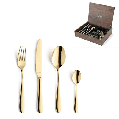Amefa OXFORD 24-teiliges Besteckset aus PVD Gold mit Messer, Gabel, Löffel und Teelöffel, elegant und glänzend.