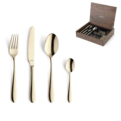 Amefa Oxford Besteckset aus 24 Teilen mit PVD Champagner-Finish, inklusive Messer, Gabel, Löffel und Kaffeelöffel.