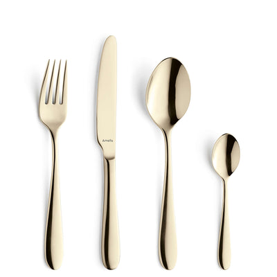 Amefa Oxford Besteckset 24-teilig mit PVD-Champagner-Finish, Messer, Gabeln, Löffel auf weißem Hintergrund