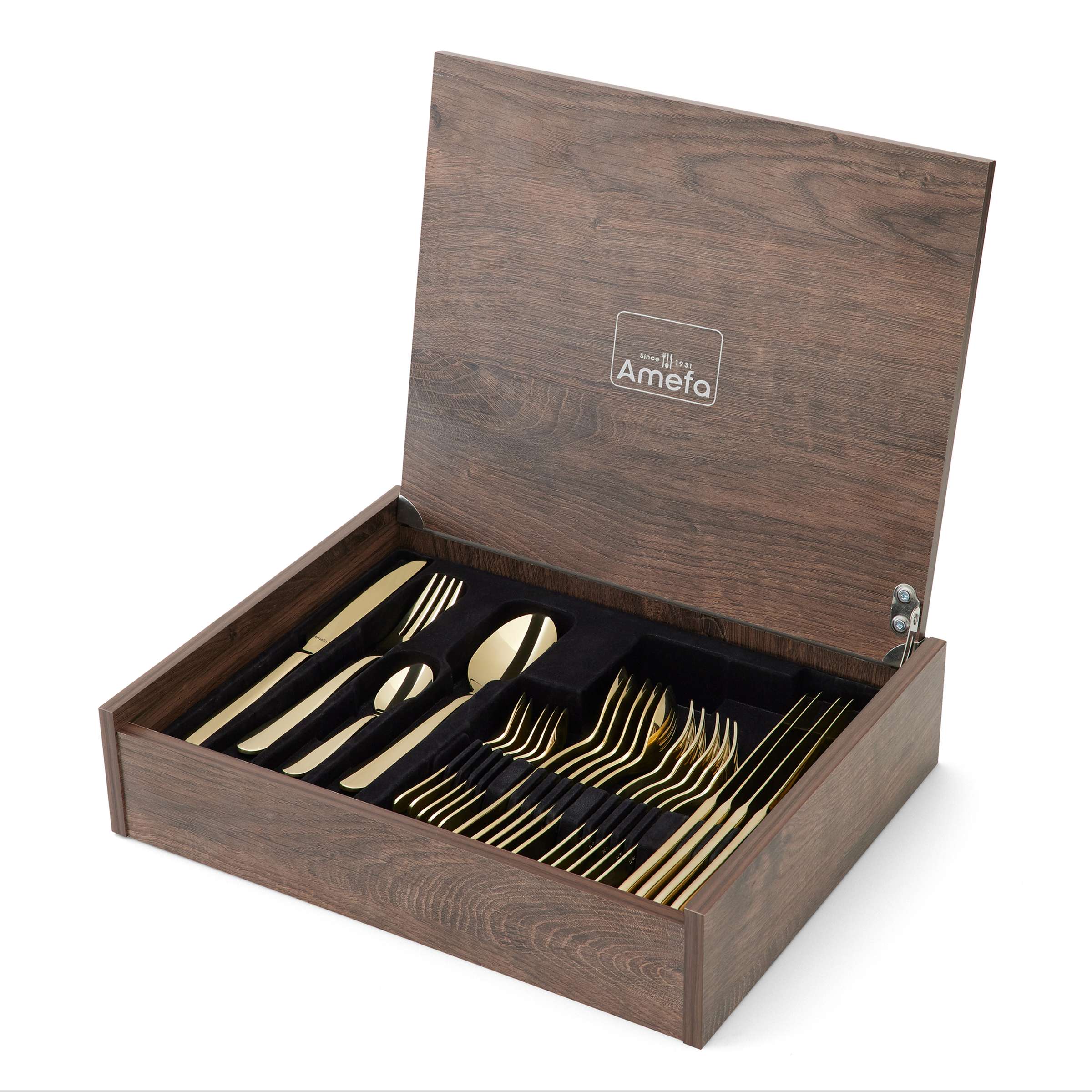 Amefa Oxford Besteckset 24-teilig mit PVD-Goldbeschichtung, Messer, Gabeln, Löffel und Teelöffel auf Verpackung.