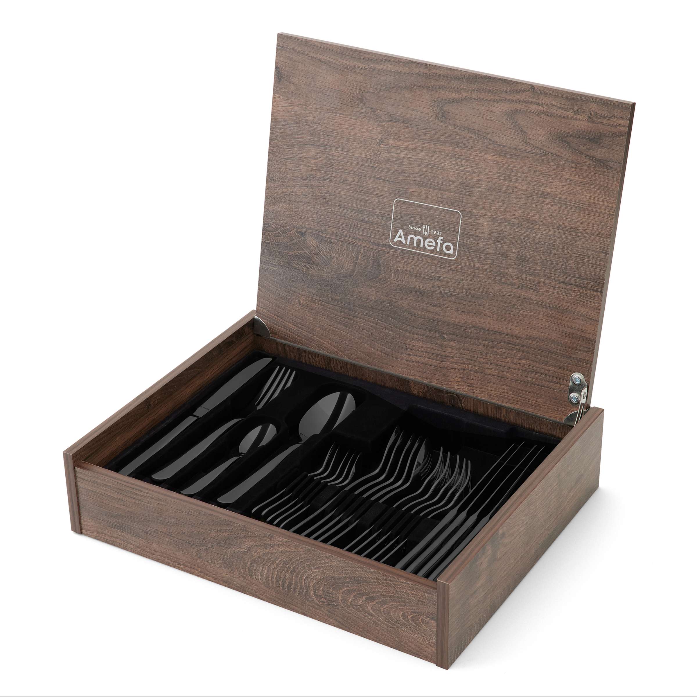 Schwarzes 24-teiliges OXFORD Besteckset von Amefa, Edelstahl mit PVD-Beschichtung, in Verpackung sichtbar