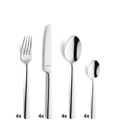 Modernes 16-teiliges Besteckset von Amefa, Messer, Gabeln, Löffel aus glänzendem Edelstahl, elegant auf weißem Hintergrund.