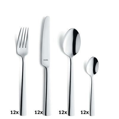 Modernes 78-teiliges Besteckset von Amefa mit Messer, Gabel, Löffel und Teelöffel auf weißem Hintergrund.