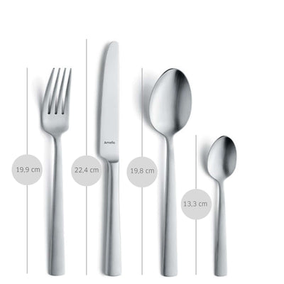 VINTURA Besteckset 78-teilig von Amefa mit Messer, Gabel, Löffel und Kaffeelöffel aus Edelstahl, schön gereiht auf einer weißen Oberfläche