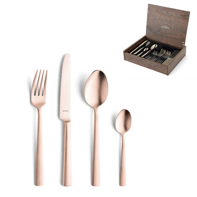 VINTURA Besteckset 24-teilig von Amefa aus PVD kupfer mattiert, Messer, Gabeln, Löffel auf weißem Hintergrund