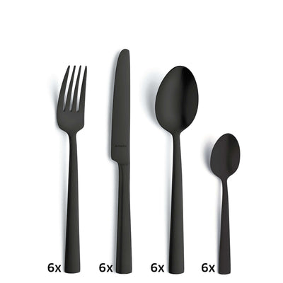Schwarzes, mattes VENTURA Besteckset 24-teilig von Amefa, Edelstahl mit PVD-Beschichtung, elegantes Geschirr für den Tisch.