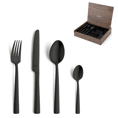 Schwarz mattiertes 24-teiliges Amefa VENTURA Besteckset aus Edelstahl mit Messer, Gabel, Löffel und Teelöffel.
