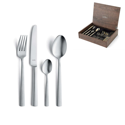Amefa VENTURA Besteckset 24-teilig, mattierte Edelstahlbestecke mit Messer, Gabel und Löffel, auf einem weißen Tisch.