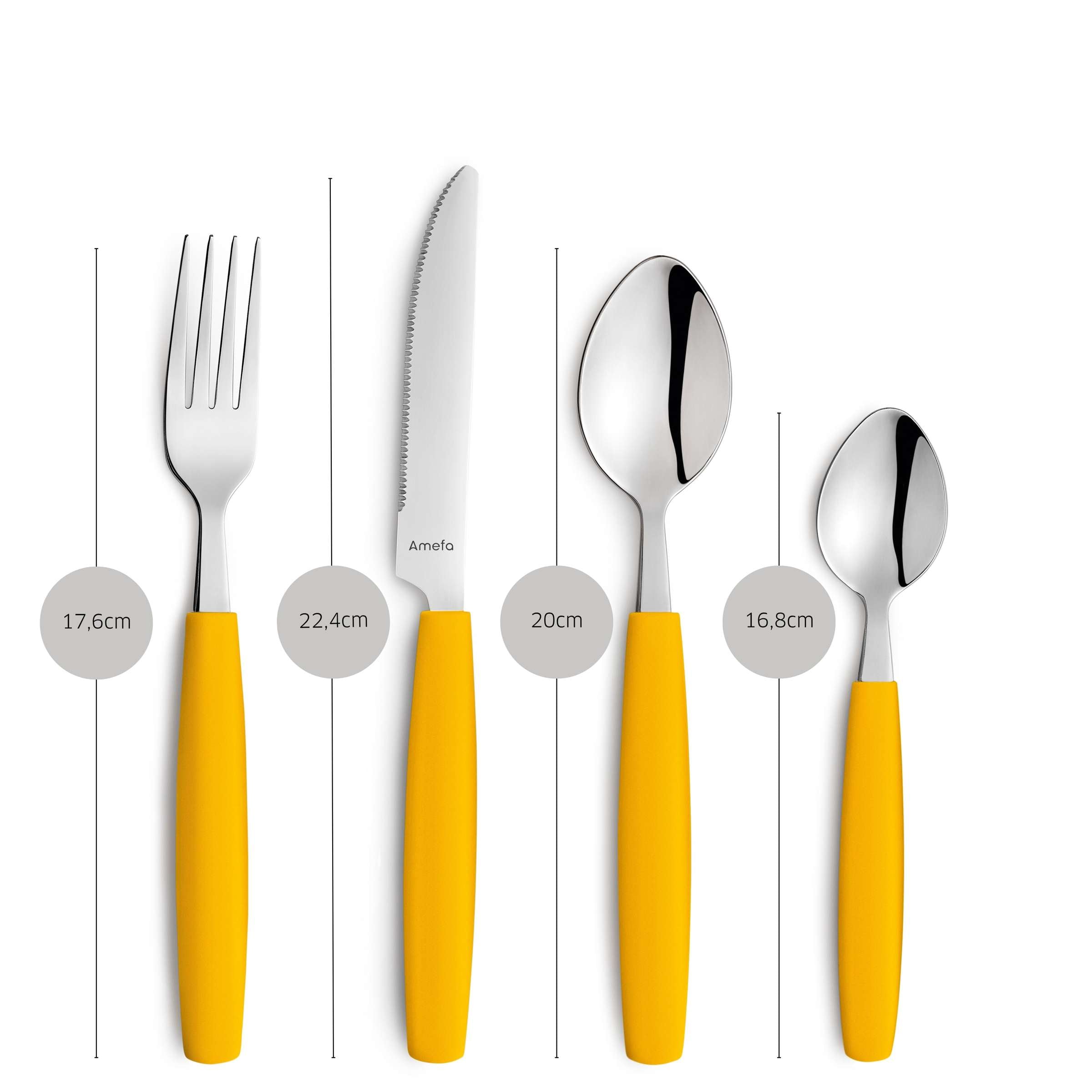 Amefa VALOA Besteckset, 16-teilig, gelbes Besteck mit Messer, Gabel, Löffel, auf weißem Tisch, elegante Küchenaccessoires