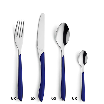 Kuppels PRISMA Besteckset 24-teilig in indigoblau, elegantes Geschirr mit Messer, Gabel, Löffel und Teelöffel.