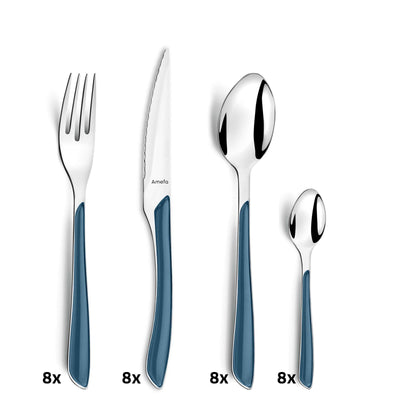 ECLAT Besteckset 32-teilig von Amefa in denimblau, Messer, Gabeln, Löffel aus Edelstahl, stilvoll und robust für den Tisch