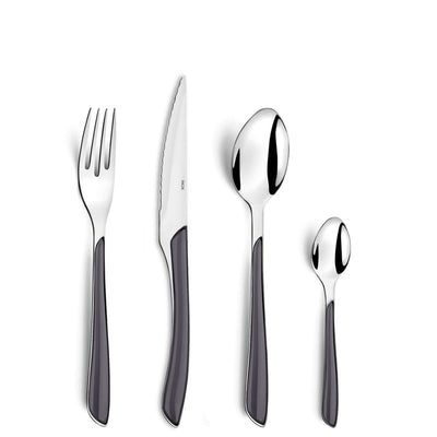 ECLAT Besteckset 24-teilig von Amefa, graues Messer, Gabel, Löffel aus Edelstahl, elegant und modern, auf weißem Hintergrund.