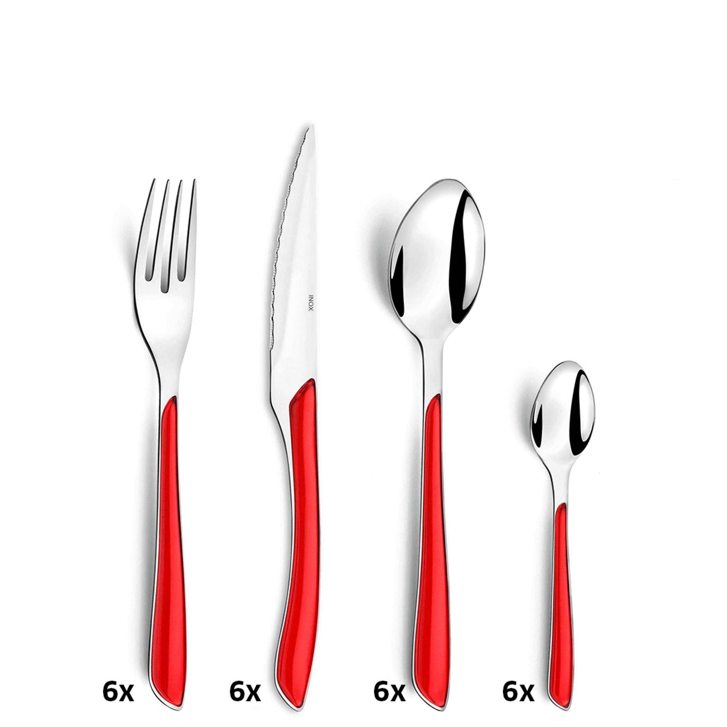ECLAT Besteckset 24-teilig von Amefa, rotes Edelstahlbesteck mit Messer, Gabel, Löffel und Teelöffel auf weißem Hintergrund.