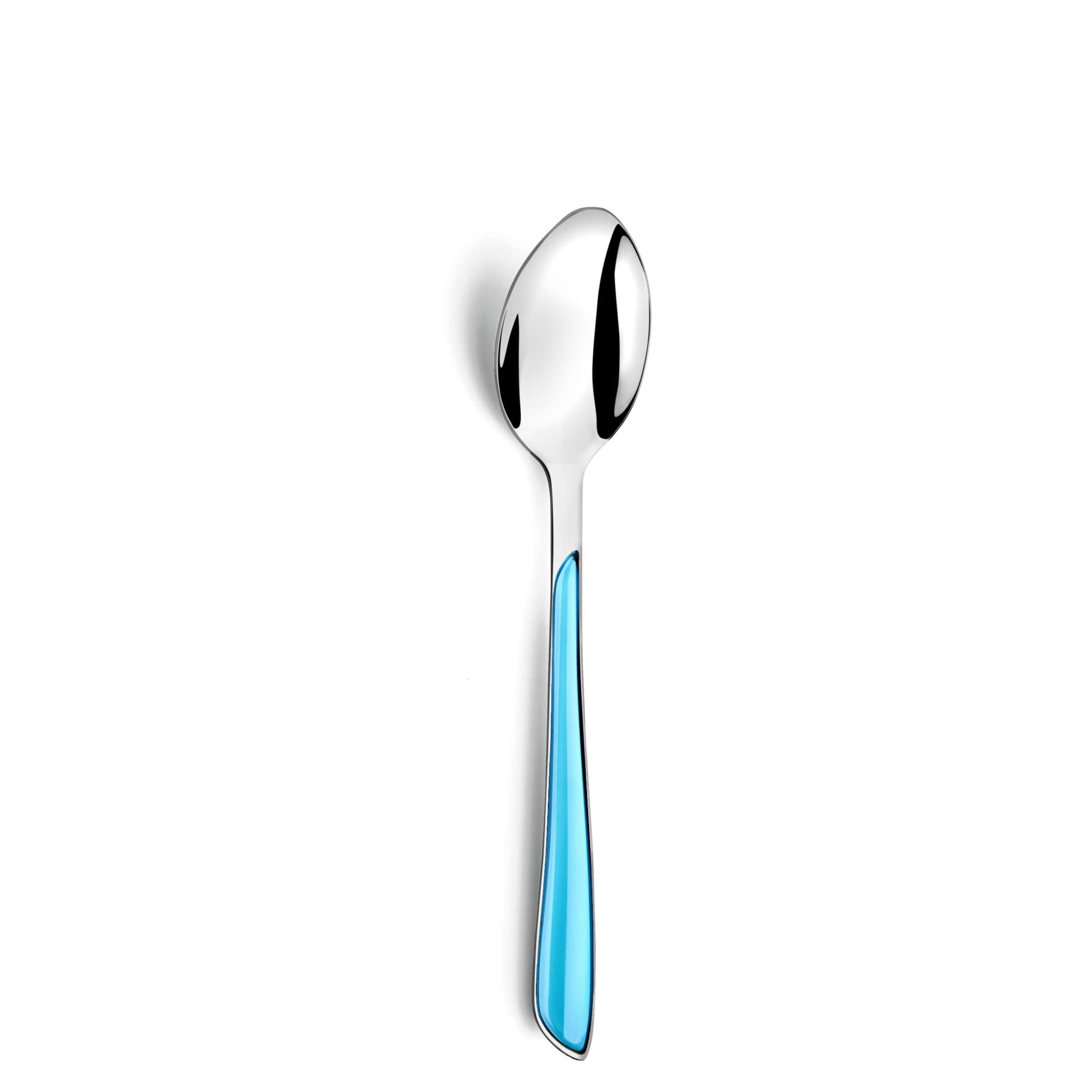 ECLAT Besteckset 24-teilig von Amefa, türkisfarbenes Besteck mit Messer, Gabel, Löffel und Kaffeelöffel, auf weißem Hintergrund