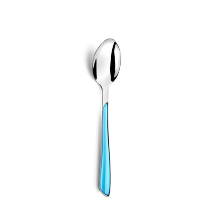 ECLAT Besteckset 24-teilig von Amefa, türkisfarbenes Besteck mit Messer, Gabel, Löffel und Kaffeelöffel, auf weißem Hintergrund