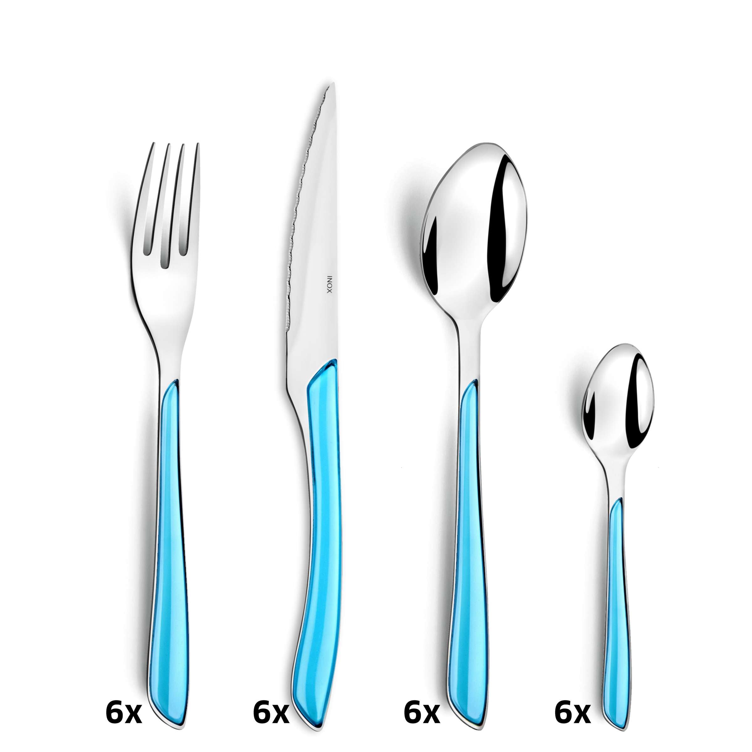 ECLAT Besteckset 24-teilig von Amefa, türkisfarbenes Cutlery Set mit Gabeln, Messern, Löffeln auf weißem Hintergrund