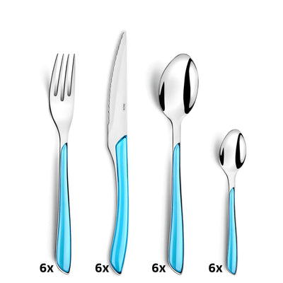 ECLAT Besteckset 24-teilig von Amefa, türkisfarbenes Cutlery Set mit Gabeln, Messern, Löffeln auf weißem Hintergrund