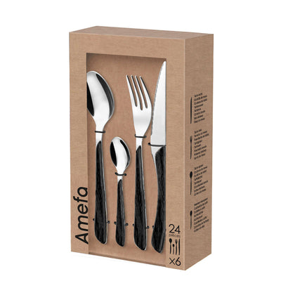 ECLAT NATURE Besteckset 24-teilig aus Holz und Schwarz von Amefa, Messer, Gabeln, Löffel auf hellem Hintergrund